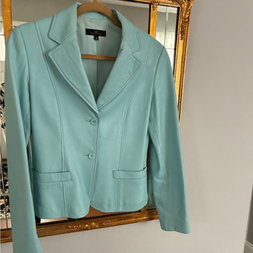 Light Teal Leather Notch-Lapel Blazer - Women's